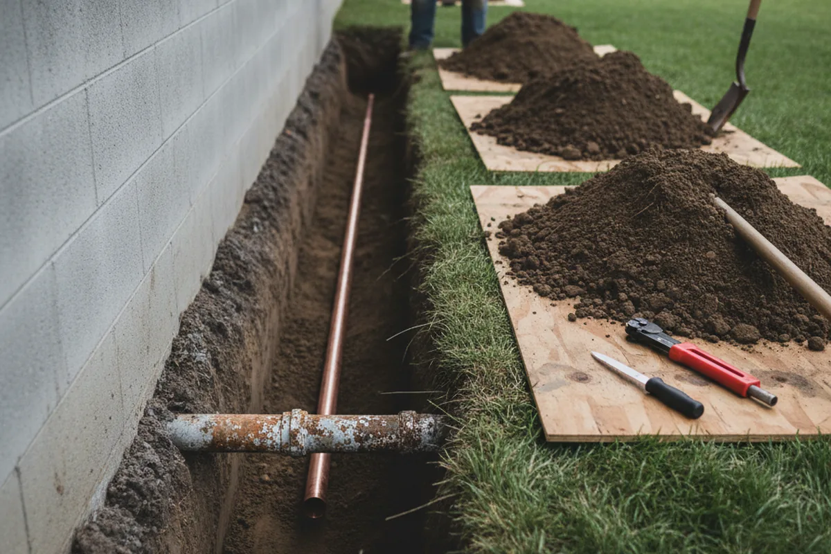 Excavated water line trench during Water Heater Repair in Sabula